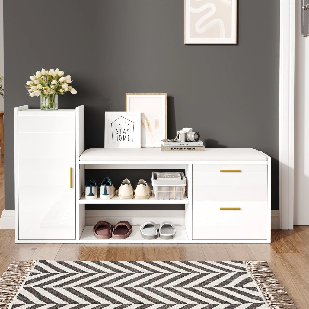 Scarpiera con 2 cassetti e 1 anta, seduta imbottita e ripiani aperti, per ingresso, bianco 128 × 30 × 68 cm