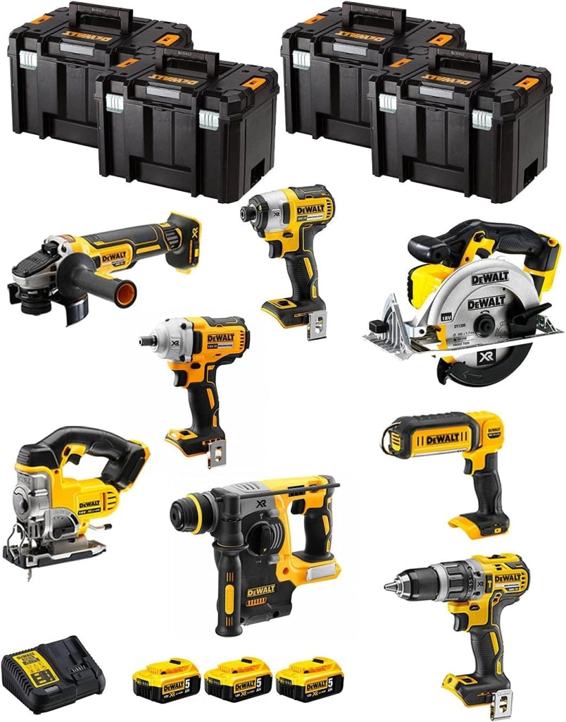 DeWALT Kit DWK800T (DCD796 + DCH273 + DCG405 + DCF887 + DCF894 + DCS331 + DCS391 + DCL050 + 3 Batterie 5,0 Ah + Caricabatterie + 4 x TSTAK VI)