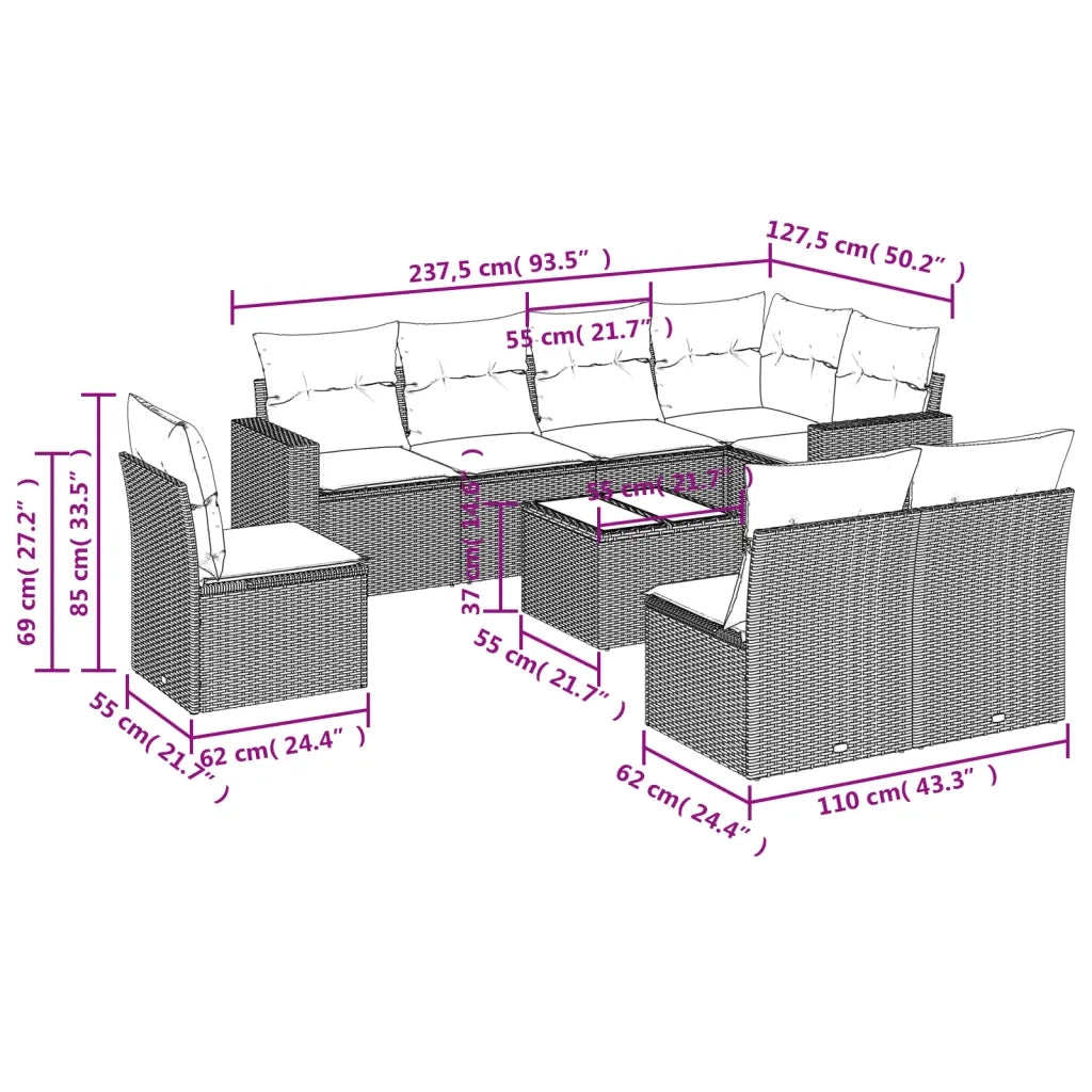 Set Divano da Giardino 9pz con Cuscini Grigio Chiaro Polyrattan