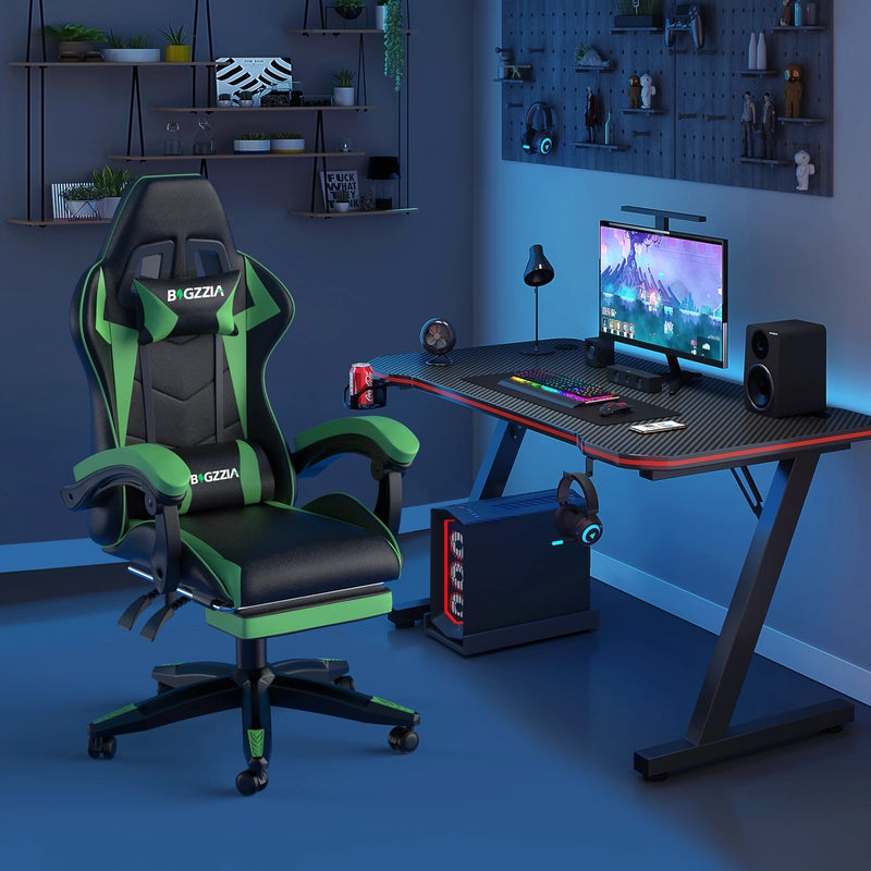 Sedia da gioco,  Sedia da gioco ergonomica in pelle PU, regolabile in altezza, con poggiatesta e supporto lombare, poggiapiedi,Nero Verde
