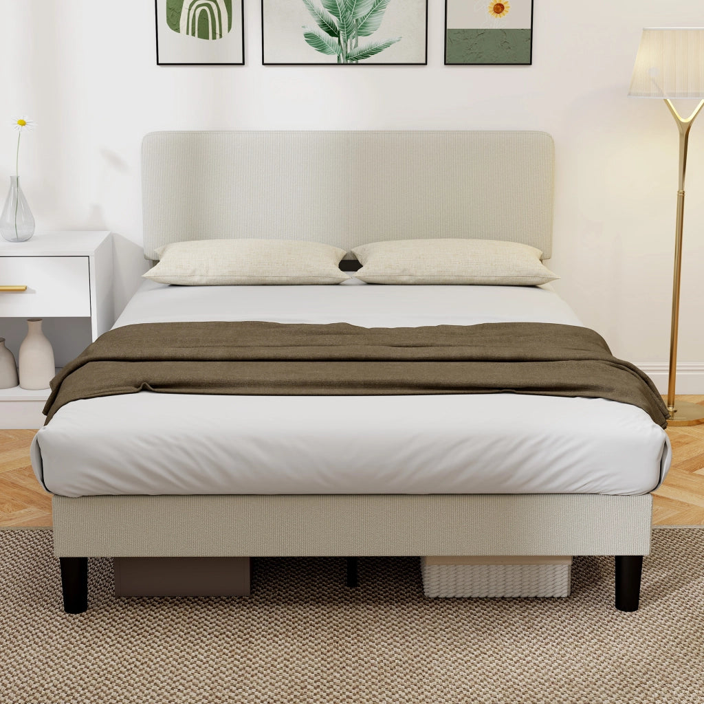Struttura Letto 140x200 cm con Testiera Imbottita Regolabile in Altezza e Doghe in Velluto a Coste Grigio