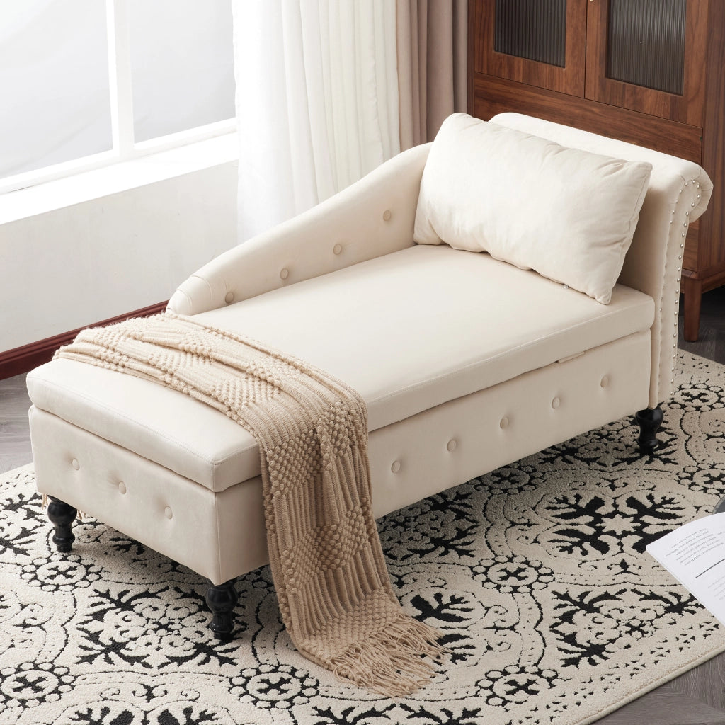 Chaise longue con contenitore in velluto con cuscino e bracciolo destro beige per salotto interno 144 × 62 × 69 cm