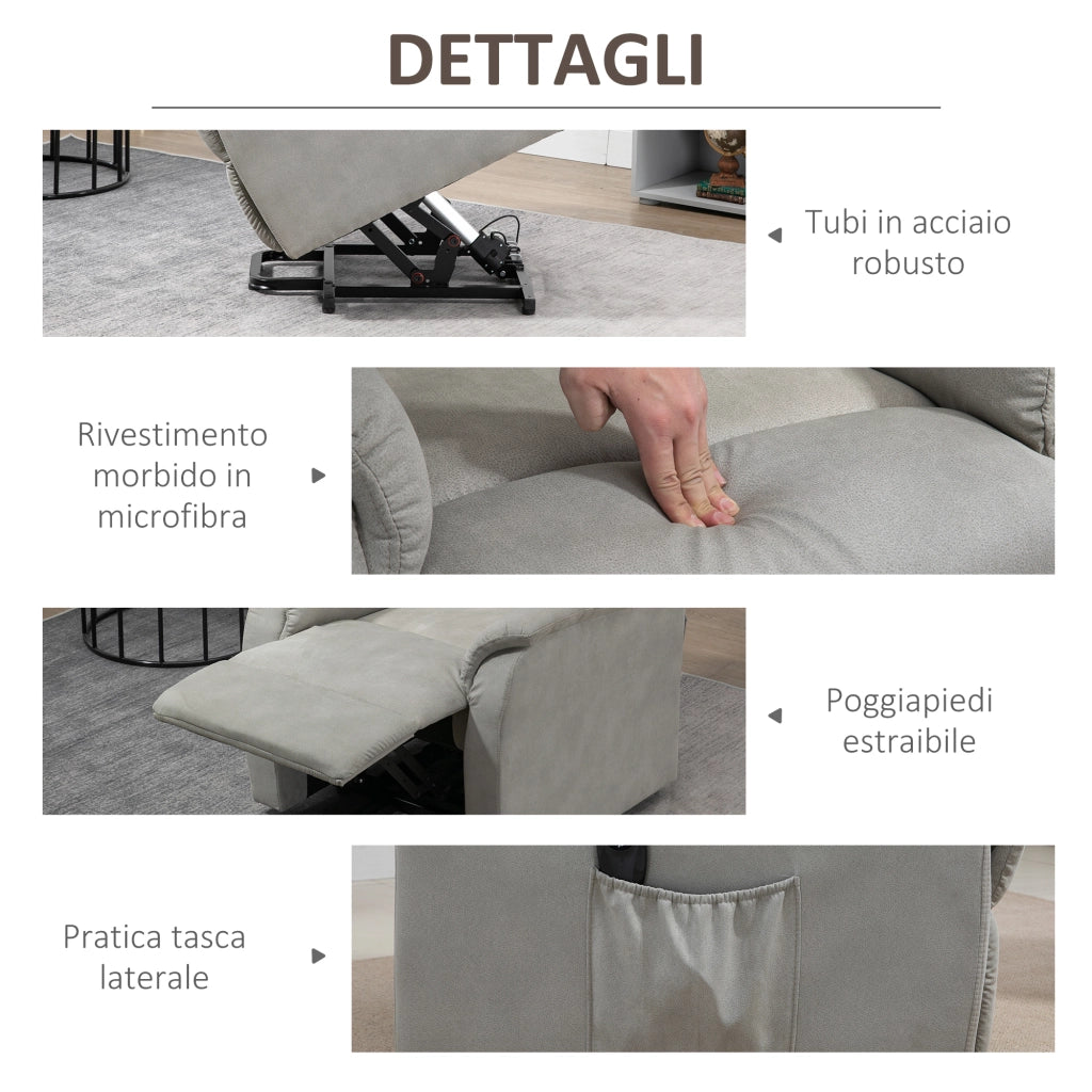 Poltrona Alzapersona Reclinabile 150¡ã max con Telecomando e Poggiapiedi, 75x93x110 cm, Grigio