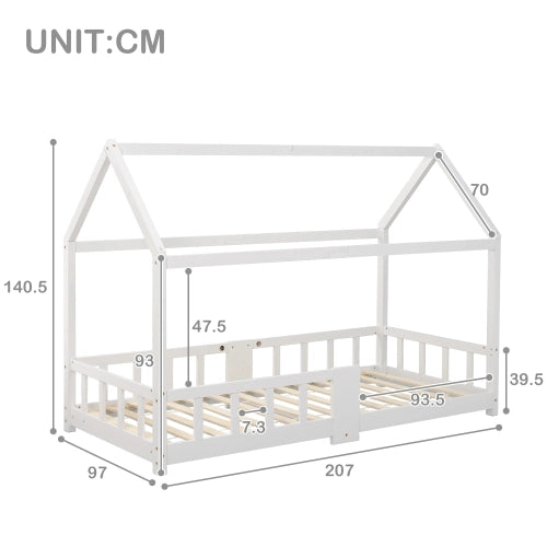 Letto Casetta per Bambini in Legno di Pino ¨C MINIMAL ¨C 90x200, Bianco con Rete a Doghe