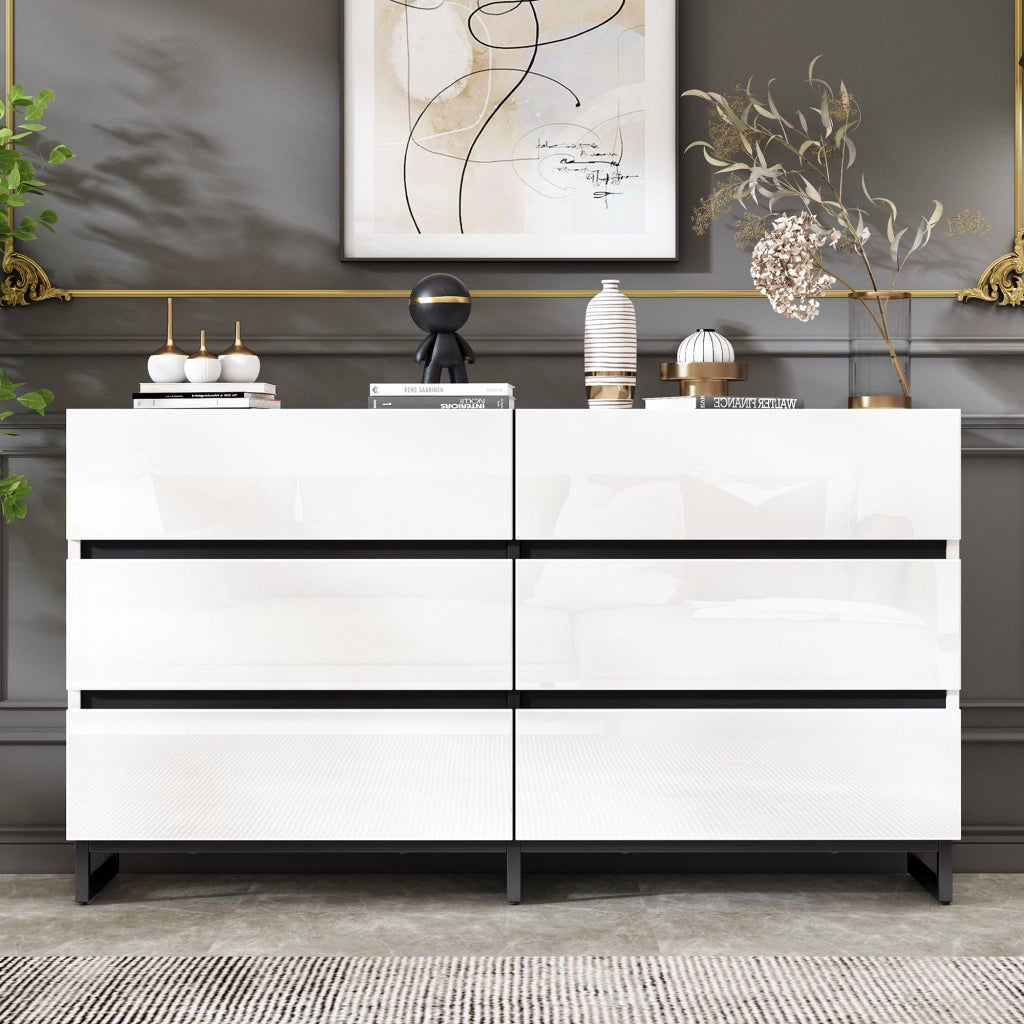 Sideboard da soggiorno 140 x 39,5 x 78,5 cm con 6 cassetti, struttura in truciolare, finitura bianco e nero, portata fino a 60 kg