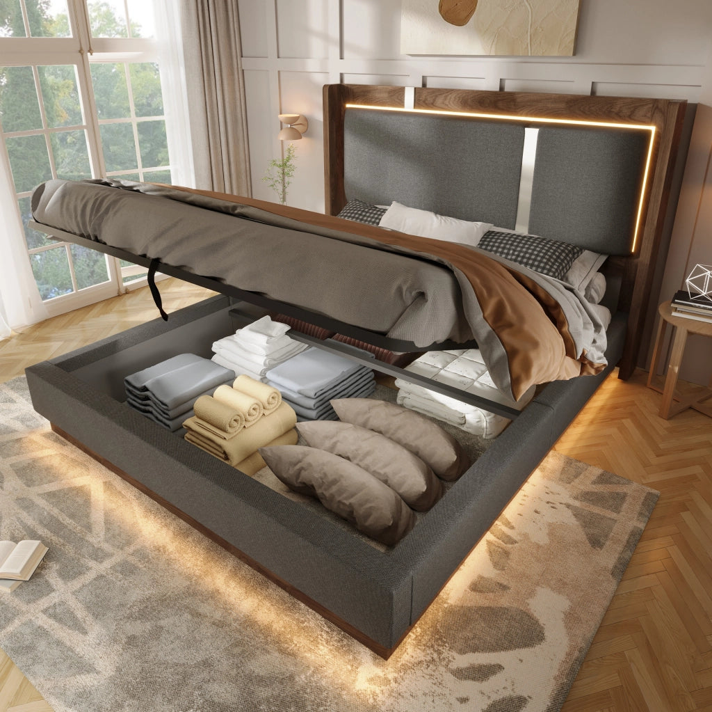 Letto matrimoniale 160x200 cm con contenitore; LED e struttura in metallo; grigio e noce