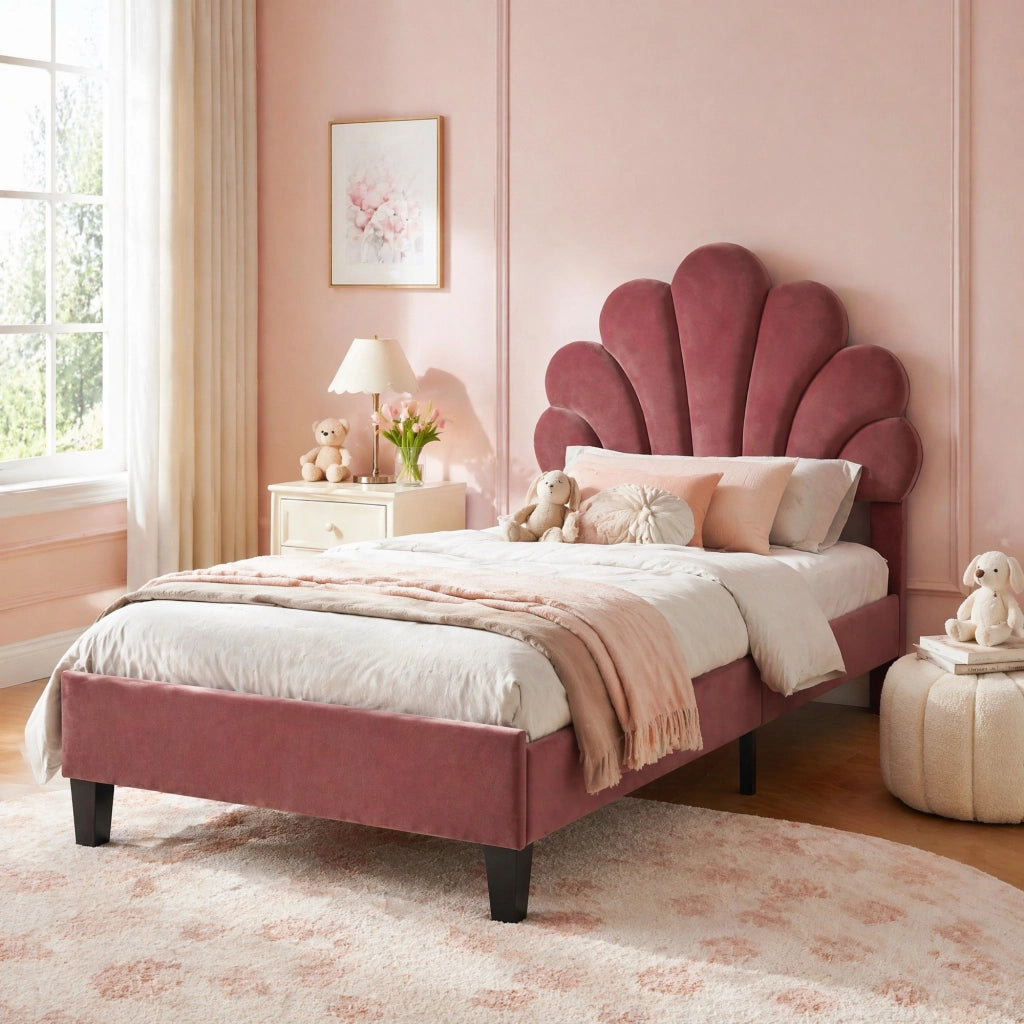 Letto imbottito 90x200 cm con testiera a fiore rosso
