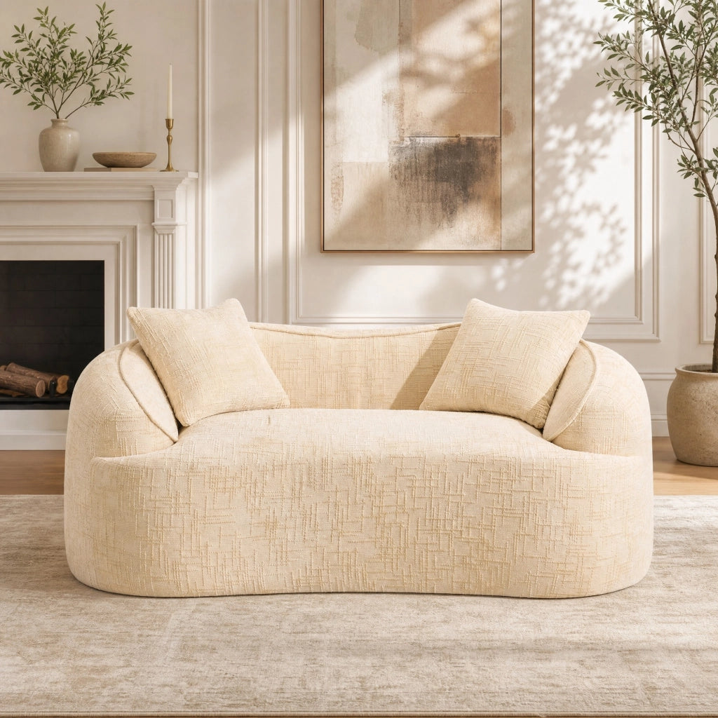 Divano curvo 2 posti con braccioli e 2 cuscini; beige