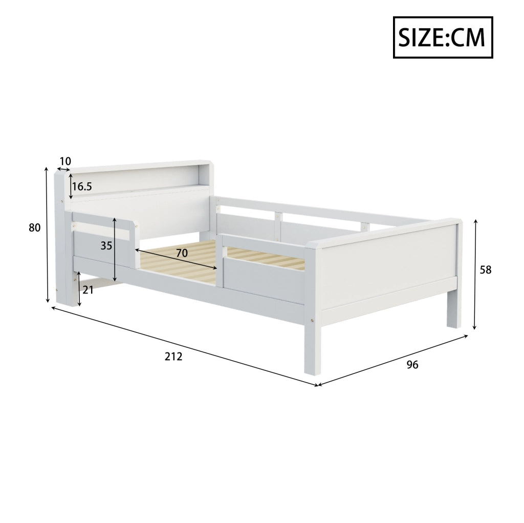 Letto per bambini 90x200 cm con LED; presa USB e Tape-C; testiera con ripiano in legno bianco