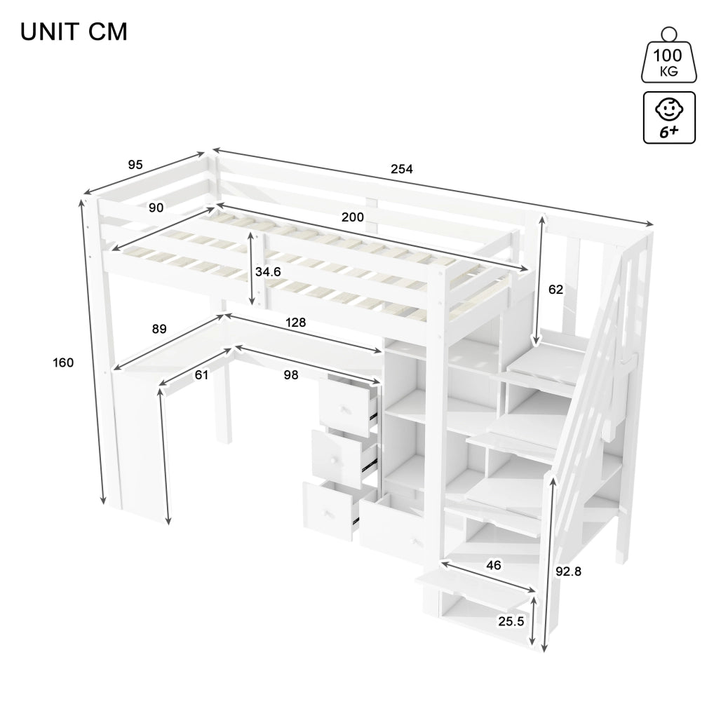 Letto a soppalco 90x200 cm con scrivania, contenitori e scala integrata