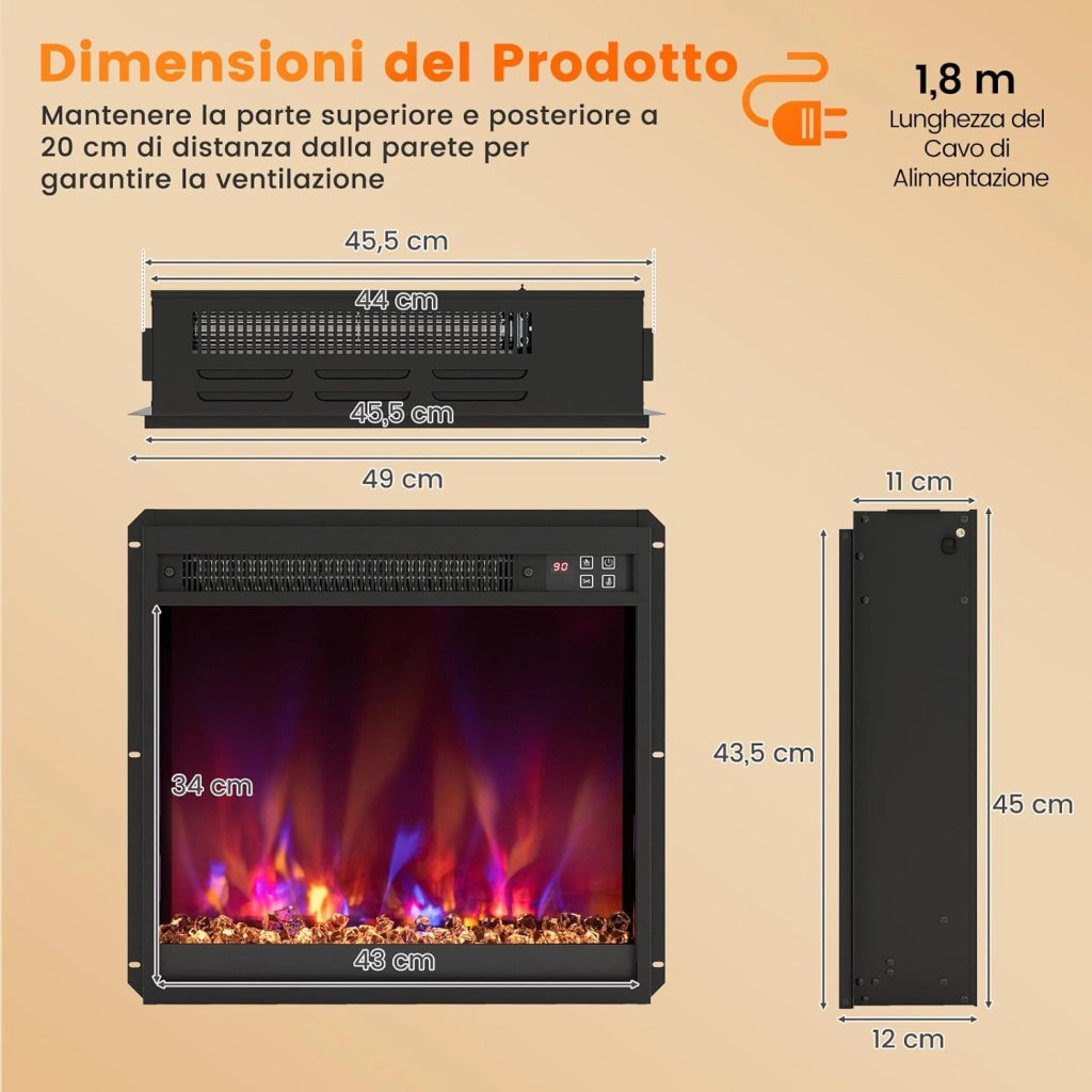 Caminetto Elettrico da Incasso, Inserto Camino Elettrico con Riscaldamento 1500W, Telecomando, Timer 0,5-9H, Effetto Fiamma Regolabile, Termostato e Protezione da Surriscaldamento (49x12x45cm)