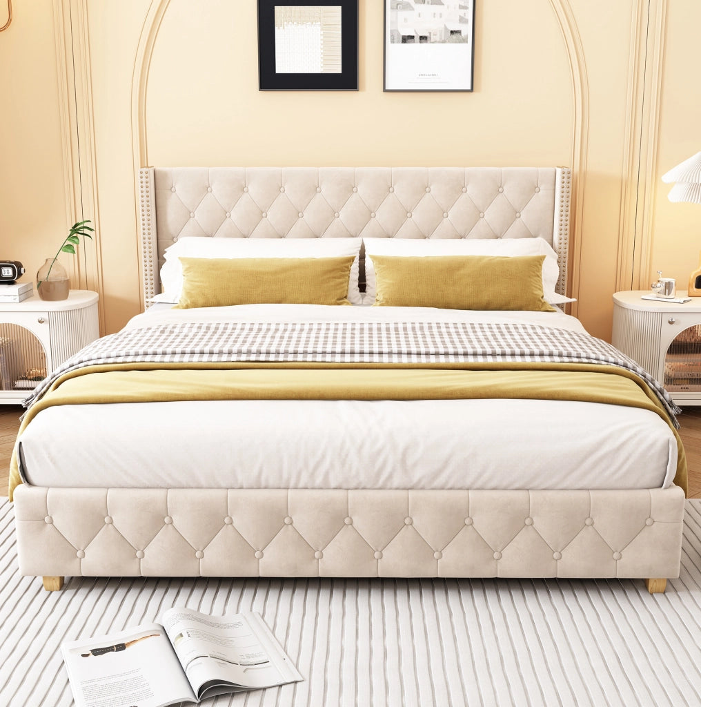 Letto imbottito 160x200 cm in velluto beige chiaro con testiera e 12 doghe