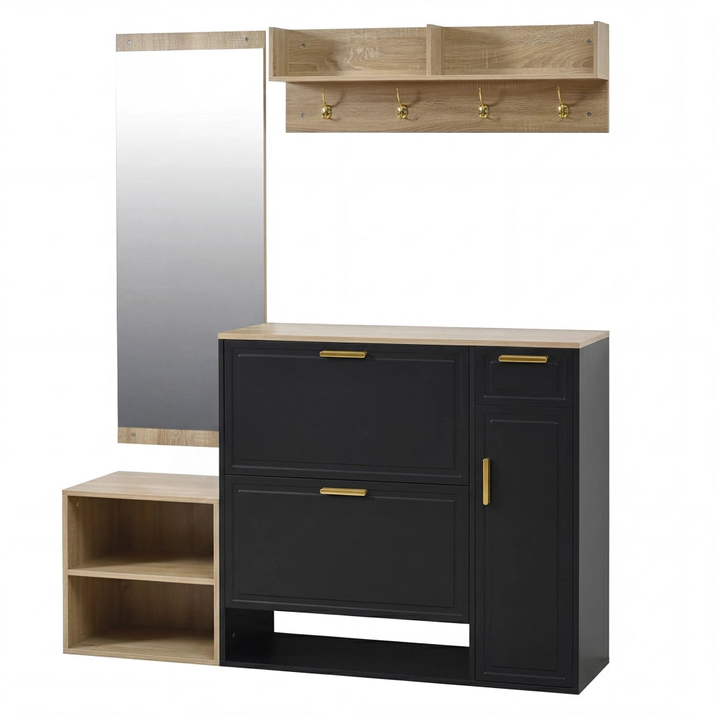 Set ingresso 4 pezzi con scarpiera, panca, appendiabiti da parete e specchio, design salvaspazio in colore Naturale + Nero