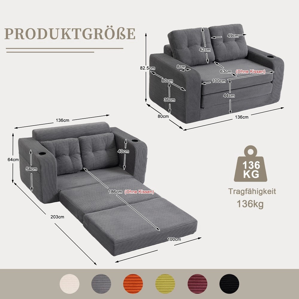 Divano 2 Posti in Tessuto a Coste con Cuscini Trapuntati e Tasche Laterali ¨C MINIMAL ¨C Grigio