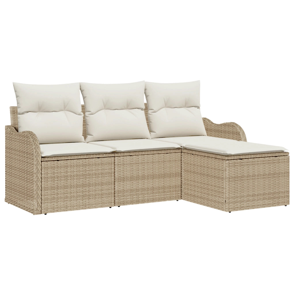 Set Divano da Giardino a 4 Pezzi con Cuscini Beige in Polyrattan