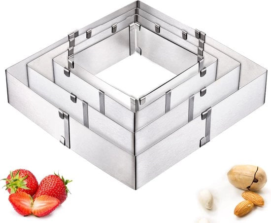 Set di 4 muffin cake in acciaio inossidabile quadrato regolabili - 15 cm a 28 cm - muffin cake per torta di compleanno e dolce per festa