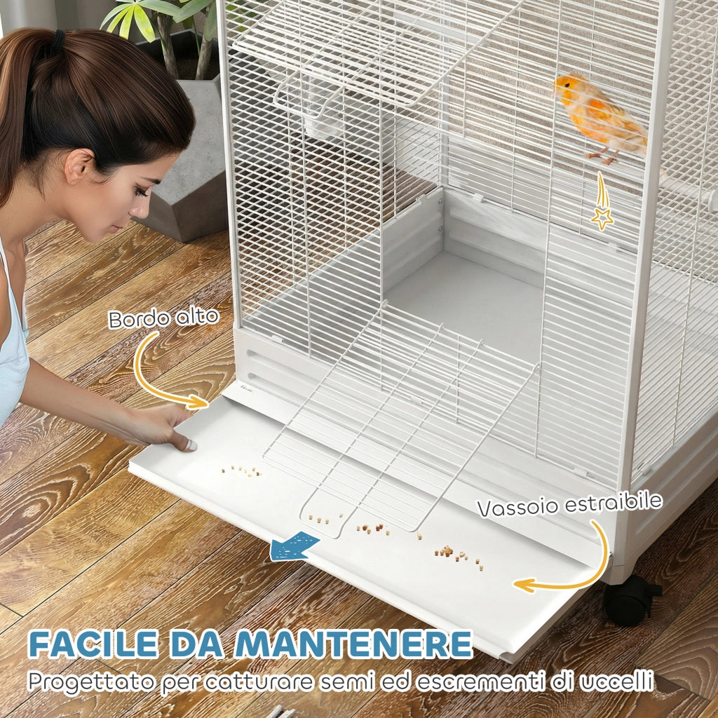 Gabbia per Uccelli Voliera 79x65x155 cm con Ruote in Acciaio Bianco