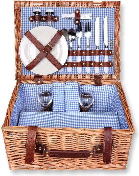 Picnic da 40x30x20cm rettangolare in legno di salice per 2 persone - blu a righe