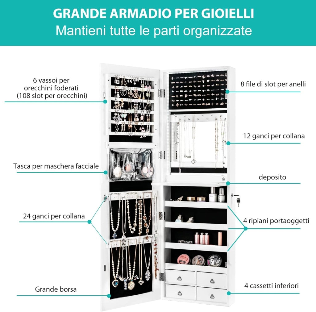 Armadietto per Gioielli con Specchio a Figura Intera LED, Armadio Multiuso con 4 Cassetti 4 Mensole, Organizer Portagioie per Camera da Letto e Cabina Armadio (Bianco)