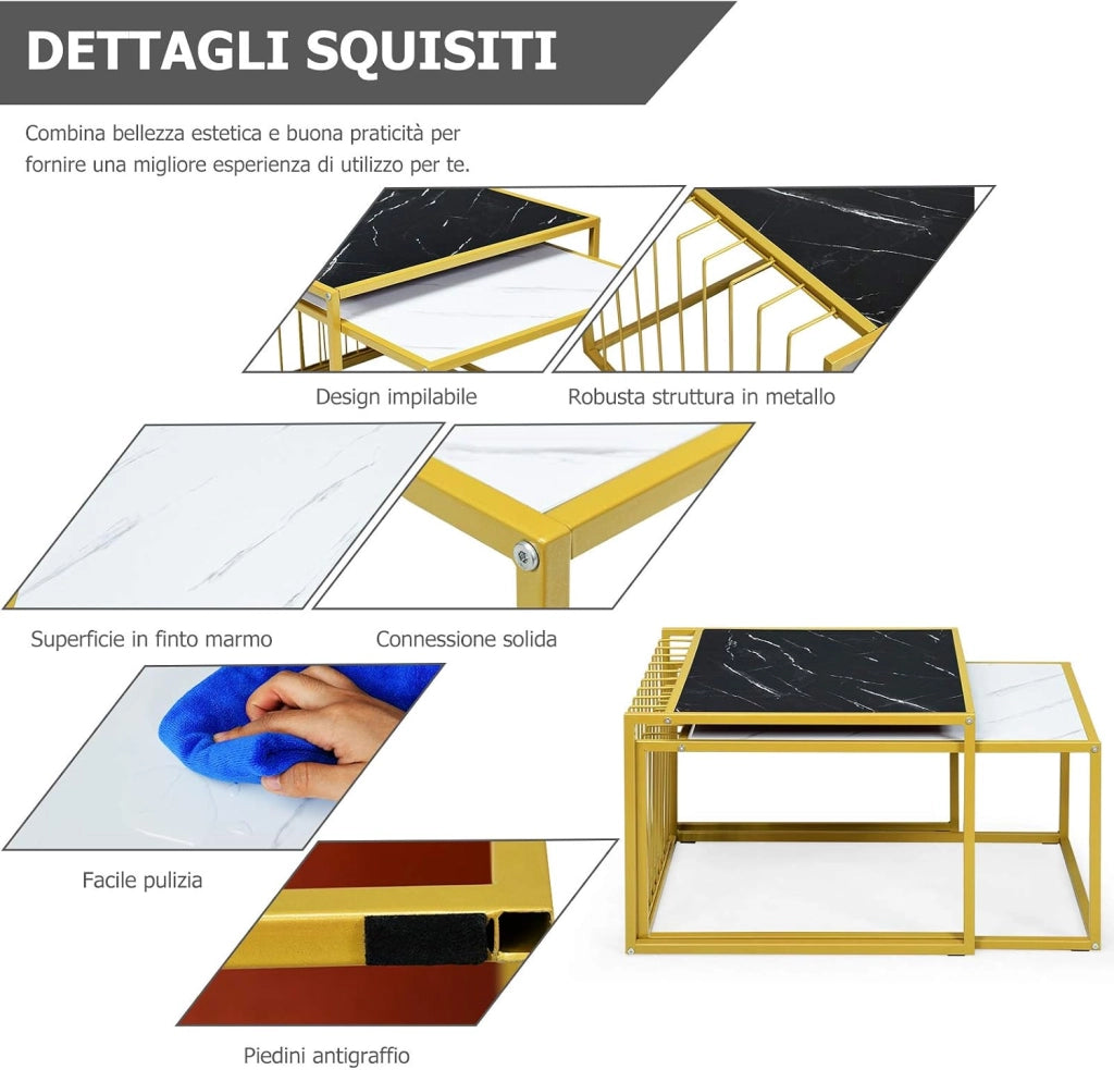 Set di Tavolini da Caffè, Tavolini da Salotto Moderni e Impilabili in Legno e Metallo, Tavolino Retangolare e Tavolino Quadrato per Soggiorno e Salone