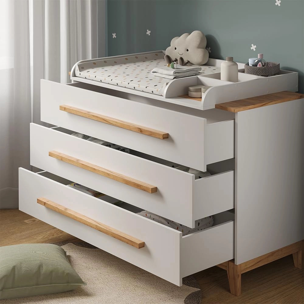 Fasciatoio Malia, Bianco/Artisan, 133.2 x 98 cm con 3 cassetti, con fasciatoio rimovibile per l'utilizzo come cassettiera