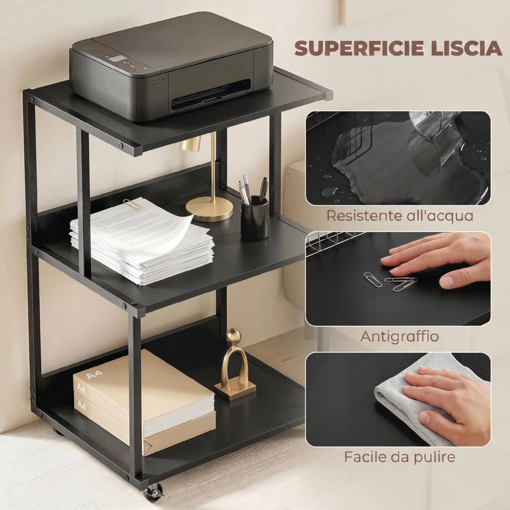 Tavolino industriale con ruote ¨C zephmum ¨C nero, metallo, 3 livelli