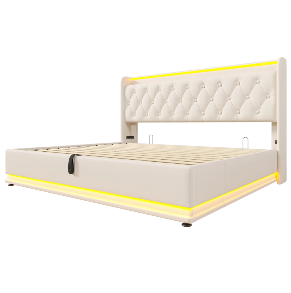 Letto matrimoniale contenitore 180x200 cm con LED; USB e Type-C; testiera imbottita in PU bianco