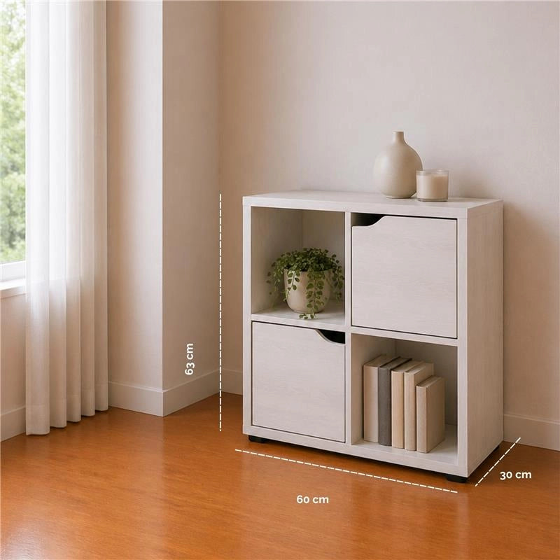 LIBRERIA CUBICA IN LEGNO BIANCO MODERNA CON 4 RIPIANI 2 CON ANTE DIMENSIONI 60X30X63 CM