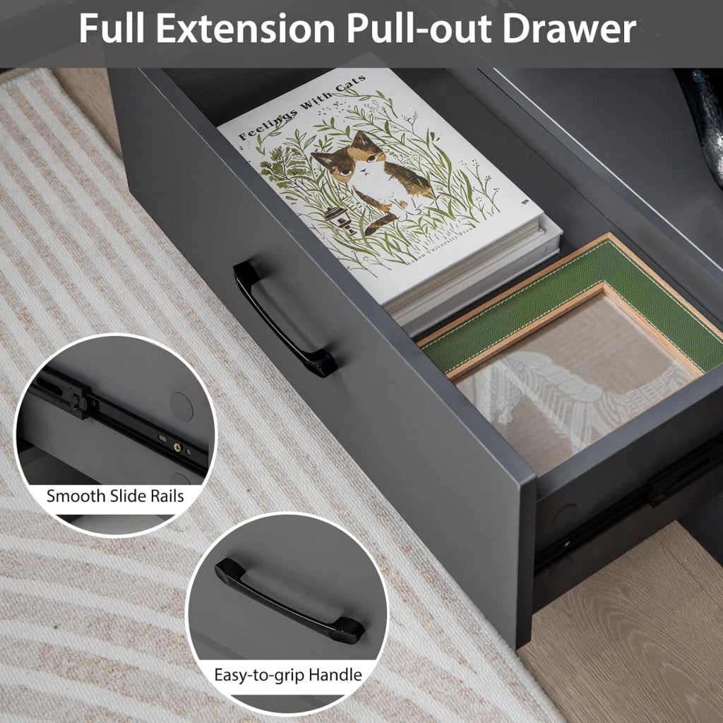 Mensola con cassetto, Libreria 4 Livelli con 3 Vani Aperti, Mensola in Legno per Soggiorno, Camera da letto, Ufficio (Grigio)