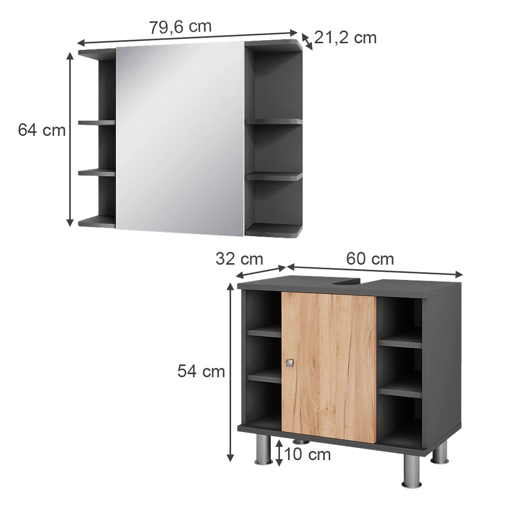 Vicco Set di mobili da bagno Antracite/quercia dorata 2 parti