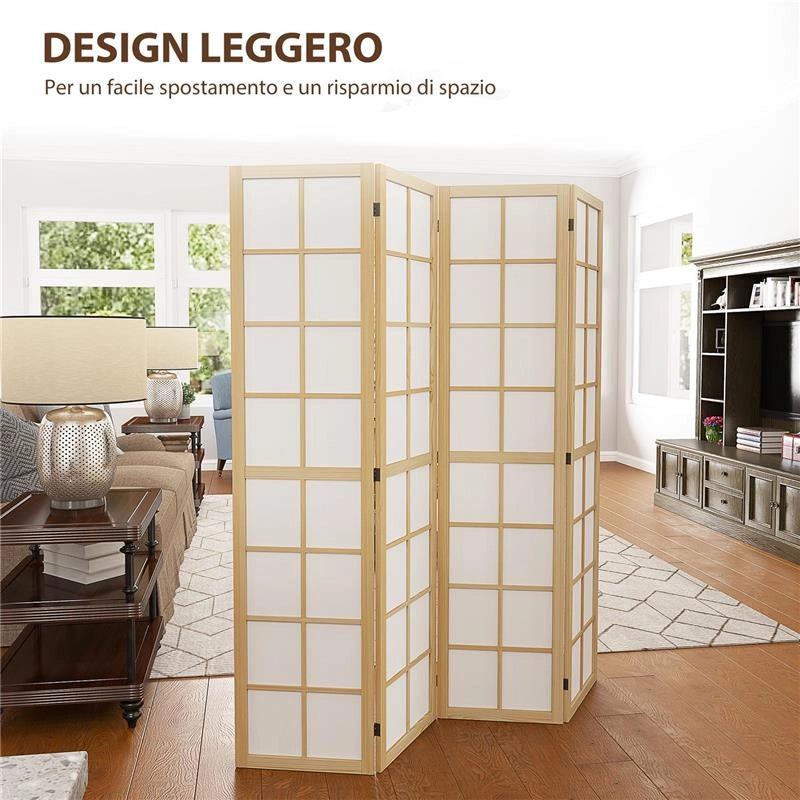 PARAVENTO DA INTERNO A 4 PANNELLI PIEGHEVOLE IN LEGNO E TESSUTO, 160X170 CM, COLORE LEGNO E BIANCO