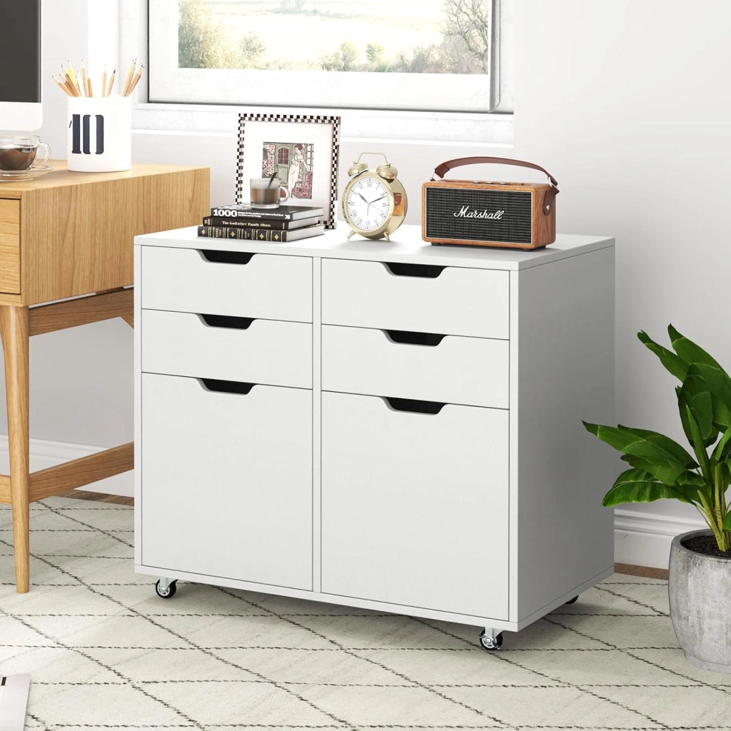 Raccoglitore mobile con 5 ruote, cassettiera con 4 cassetti e 2 armadi con porte, supporto per stampante in legno, mobile di stoccaggio per ufficio, soggiorno