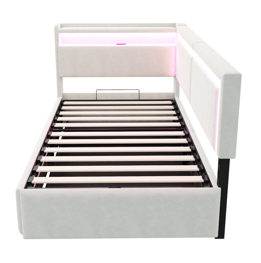 Divano letto imbottito 90×200 cm in velluto beige; LED; USB e vano contenitore idraulico
