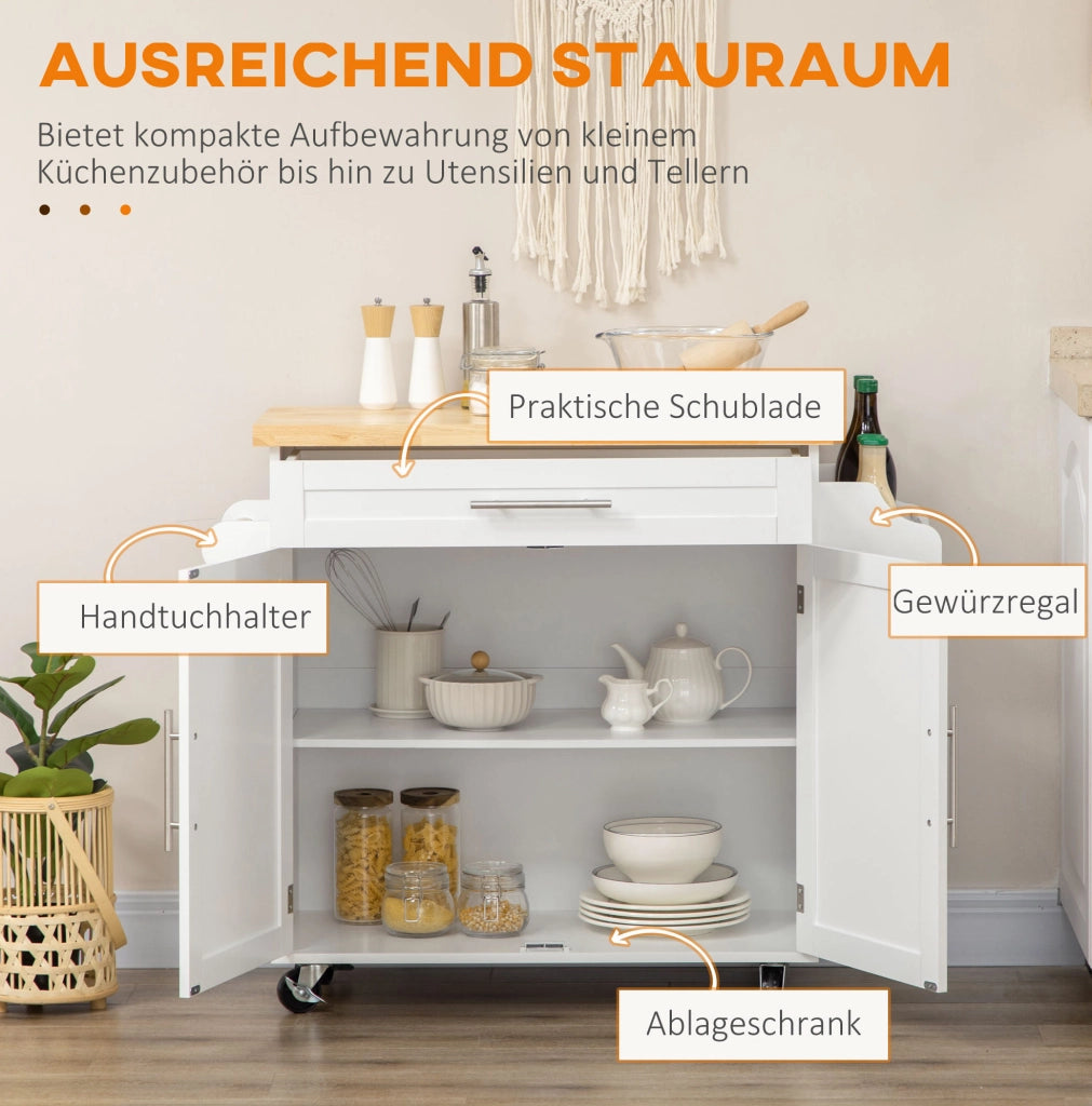 Carrello da cucina bianco con piano, cassetto e armadietto