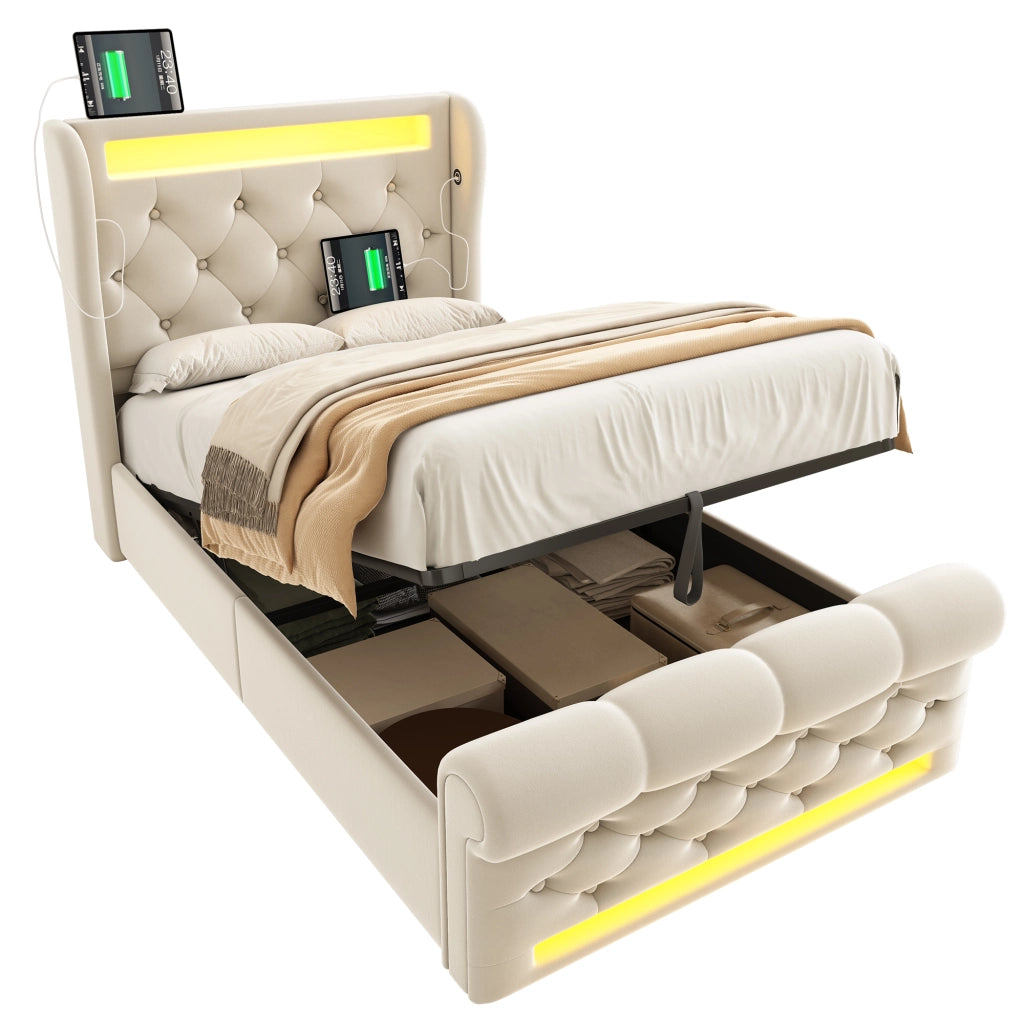 OKWISH Letto Contenitore 90×200 cm, Letto Singolo con LED, USB, Tipo C e Testiera con Contenitore, Materasso Incluso, in Velluto, Beige