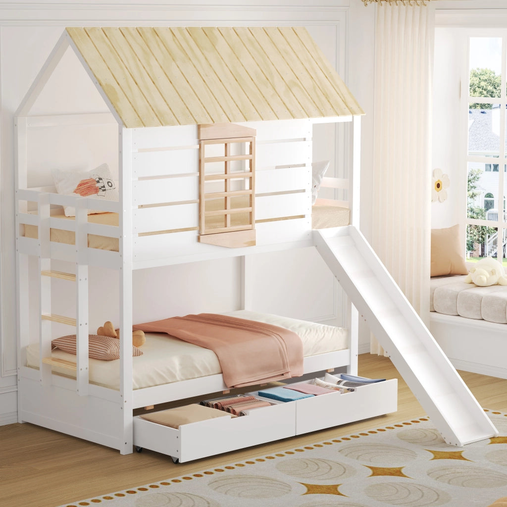 Letto a castello a forma di casa 90x200 cm con scivolo e 2 cassetti, colore bianco e naturale