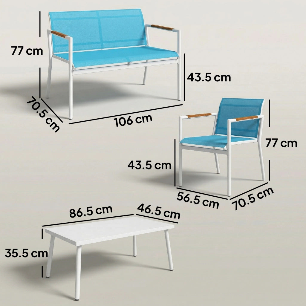 Set Giardino 4 Posti Divano, Poltrone, Tavolo in Metallo, Blu.