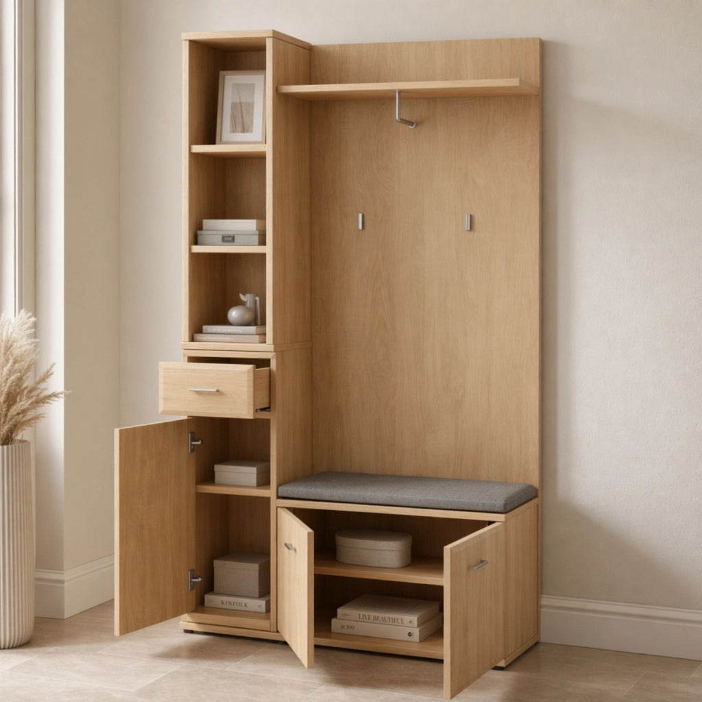 Set Ingresso E Panca Portascarpe Appendiabiti Mobile Entrata Vani Ripiani Contenitore Multifunzione Salvaspazio Per Corridoio Casa Design Moderno 90 x 32 x 203 Cm Rovere