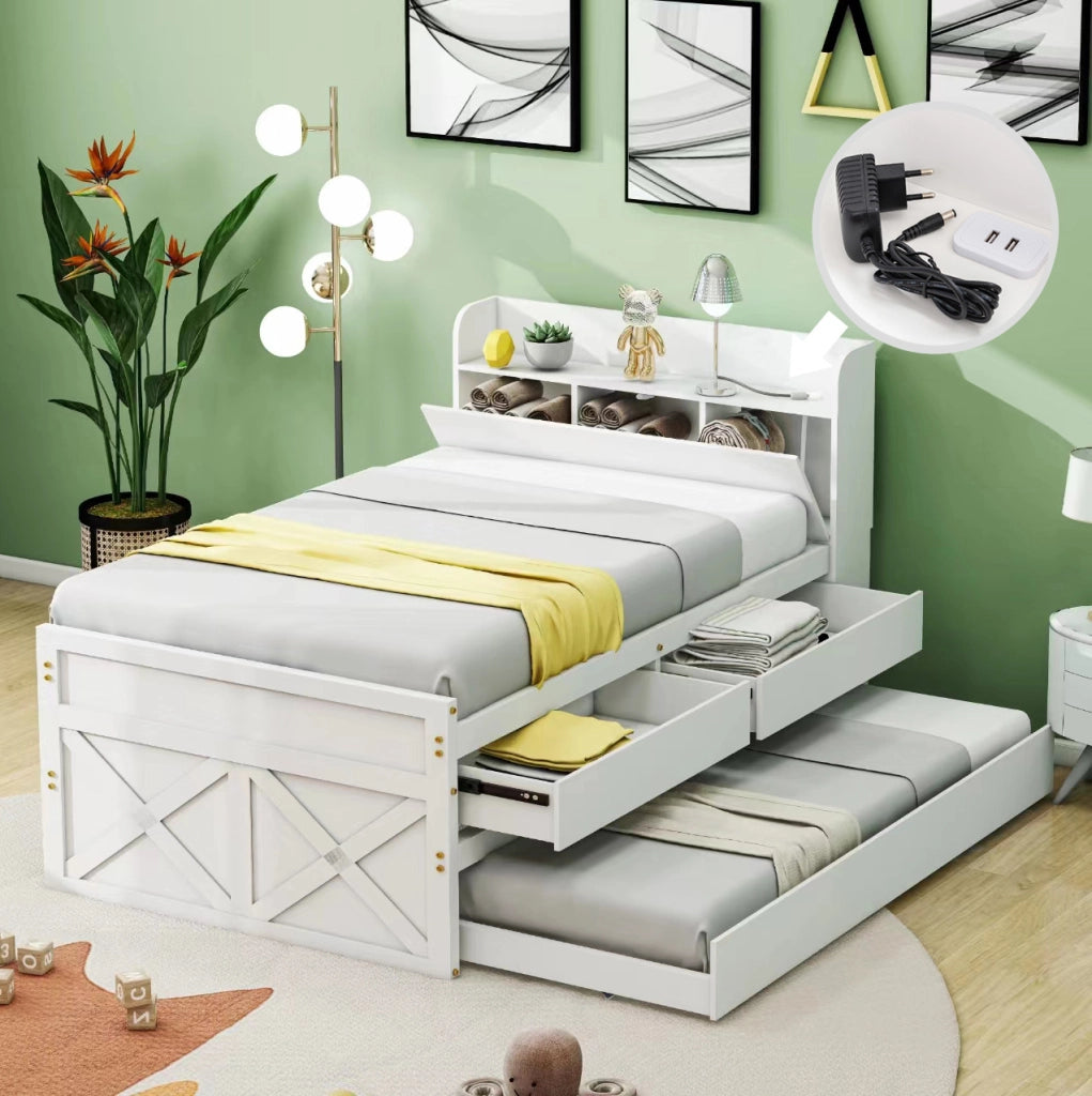 Letto in legno 90x190 cm con letto estraibile; 2 cassetti; USB e vano contenitore