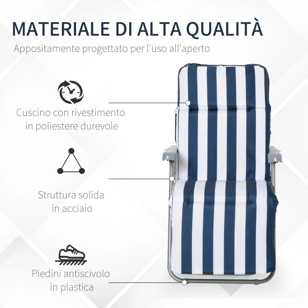 Set 2 Sedie a Sdraio da Giardino Reclinabili con Imbottitura a Righe e Braccioli bianco e blu