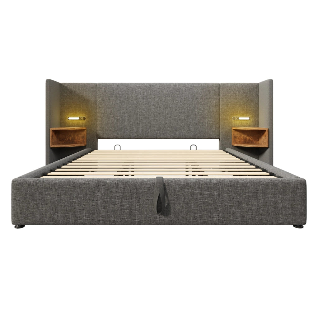 Letto matrimoniale 180x200 cm con contenitore; testiera con lampada da lettura; USB e Type-C; grigio