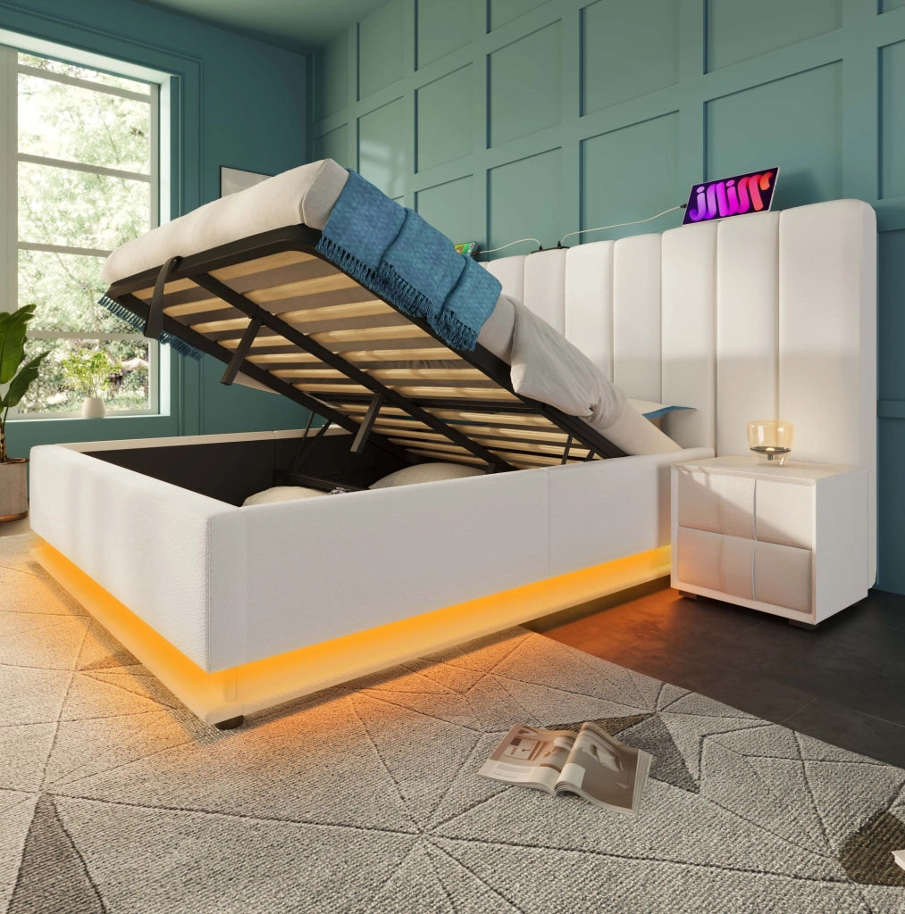 Letto contenitore matrimoniale 180x200 cm in PU bianco; LED; USB; Type-C e materasso
