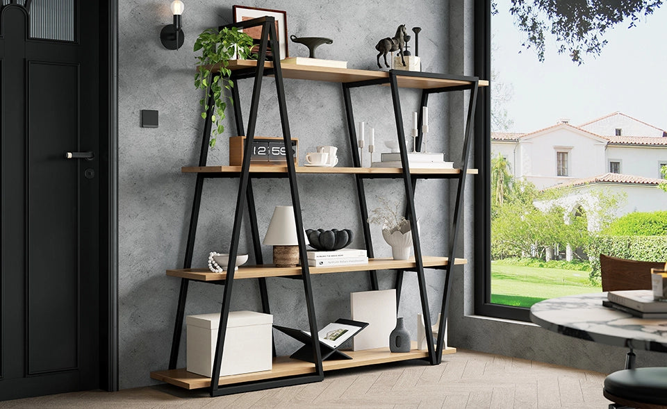 Libreria geometrica 158×35×166 cm in MDF nero e marrone