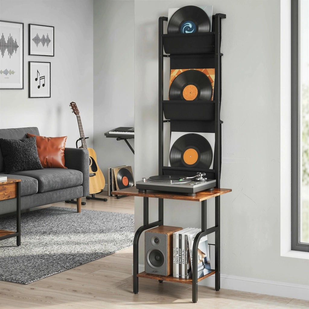 Libreria per CD e DVD con 3 tasche in tessuto e ripiano ¨C zephmum ¨C Legno effetto rustico marrone