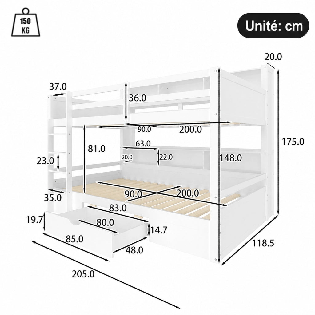 LETTO A CASTELLO 90x200 cm Legno di pino bianco con cassetto e vani portaoggetti