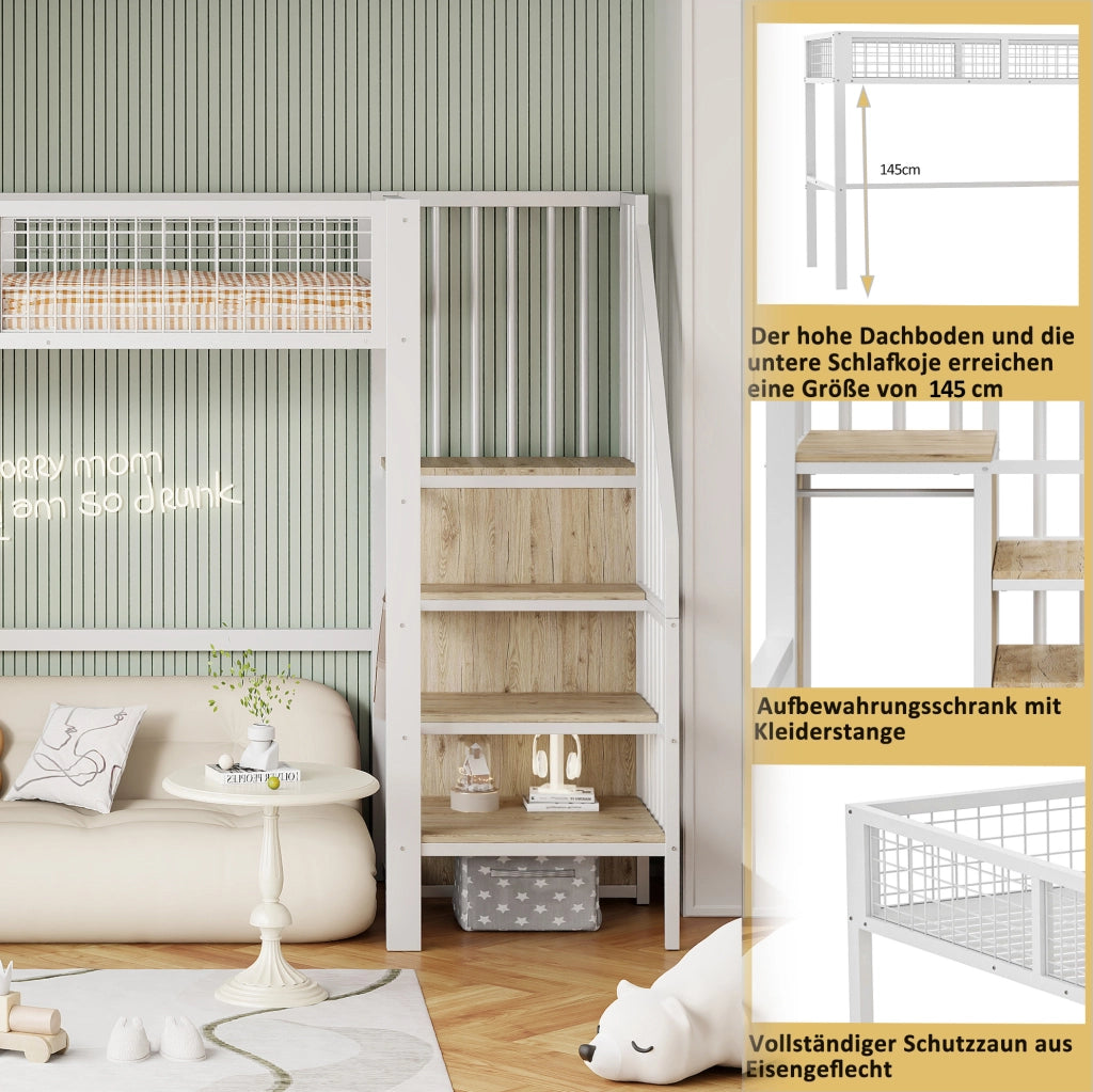 Letto a soppalco 90x200 cm con scala e armadio in metallo bianco