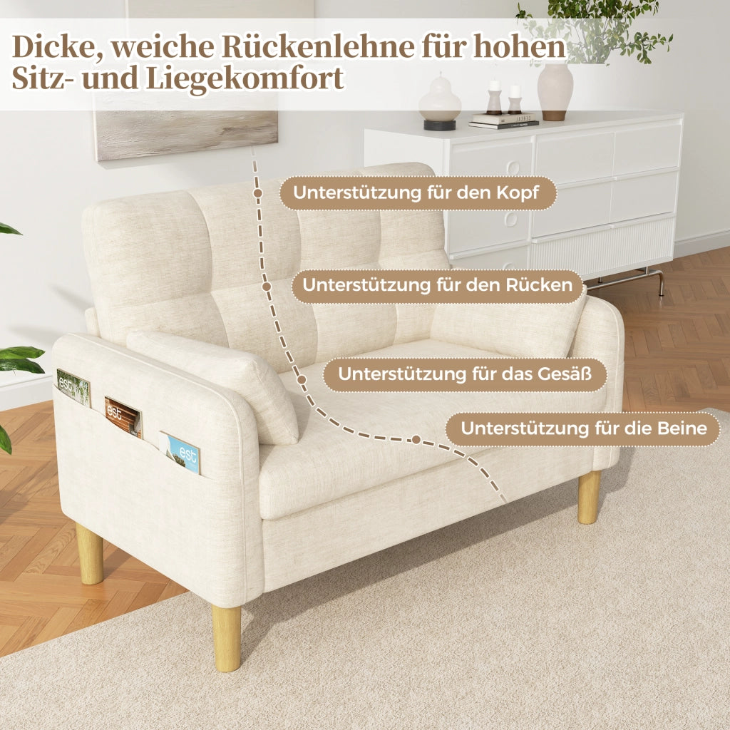 Divano a due posti modulare per piccoli spazi con cuscini schienale alto e tasca laterale in tessuto chenille beige