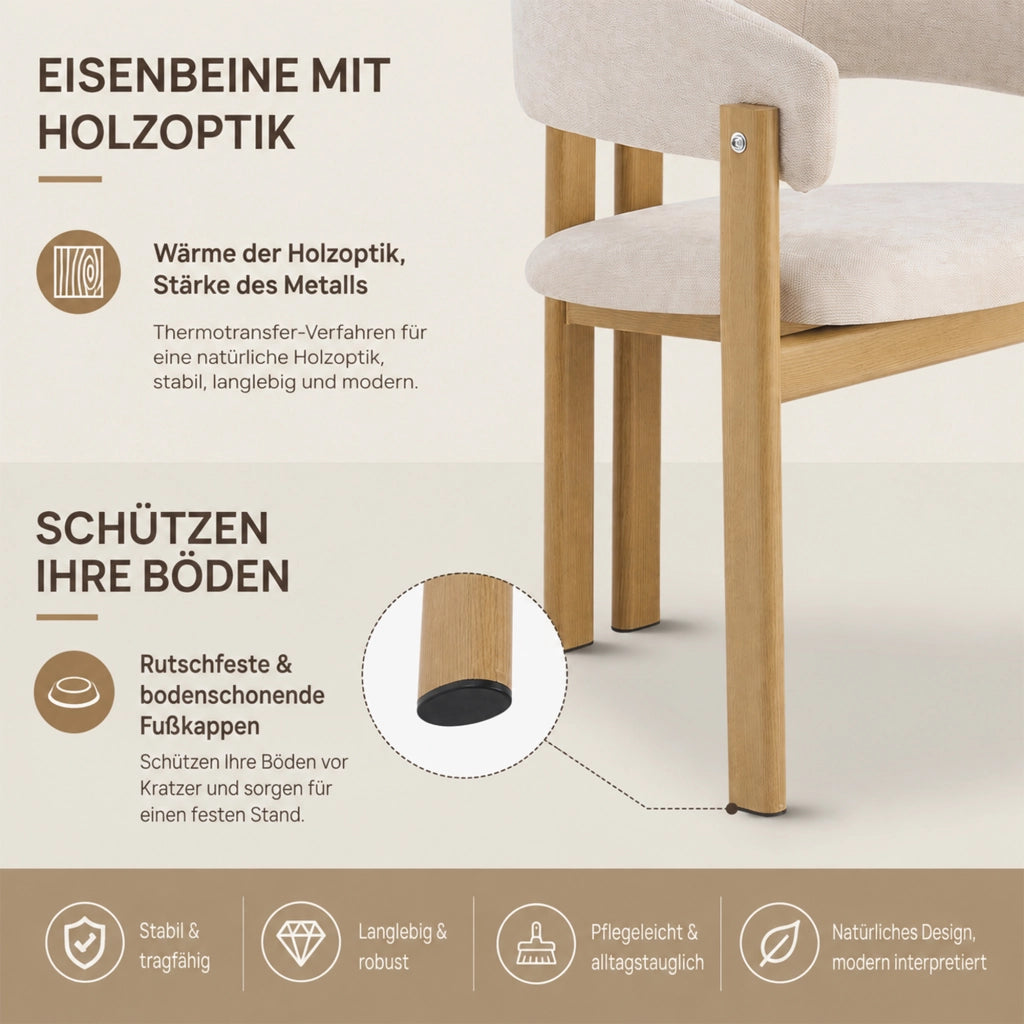 Sedie da pranzo 4 pezzi con braccioli ergonomici design moderno in lino beige effetto legno 61.5 × 52.5 × 83 cm