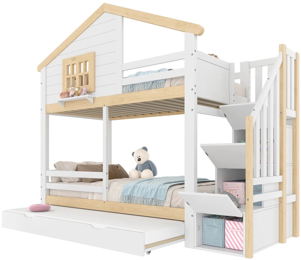 Letto a Castello con Letto Estraibile ¨C MINIMAL ¨C Bianco, 90x200, Legno, Finestra, Contenitore
