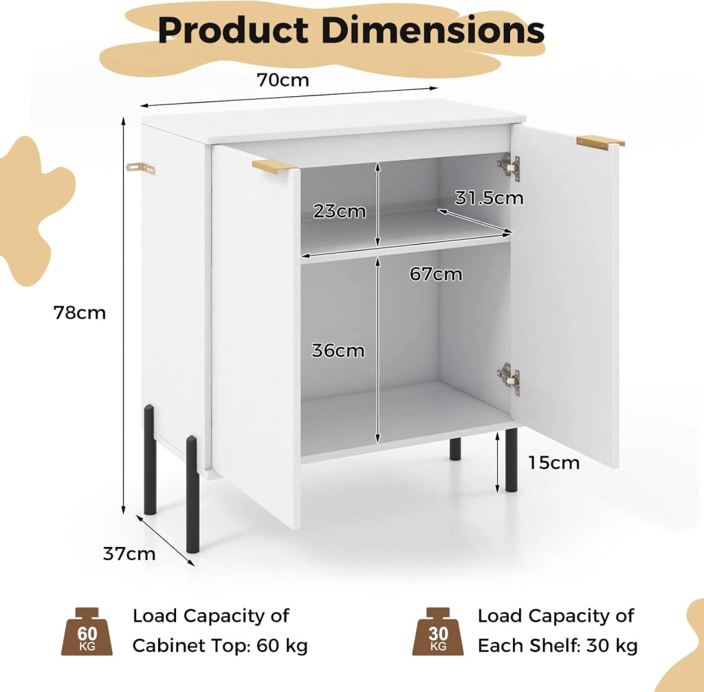 Credenza Cucina con Cerniere Regolabili, Kit Antiribaltamento e Gambe in Metallo, Mobile Cucina Dispensa Moderno con Ante, per Soggiorno, Sala da Pranzo, 70 x 37 x 78 cm, Bianco